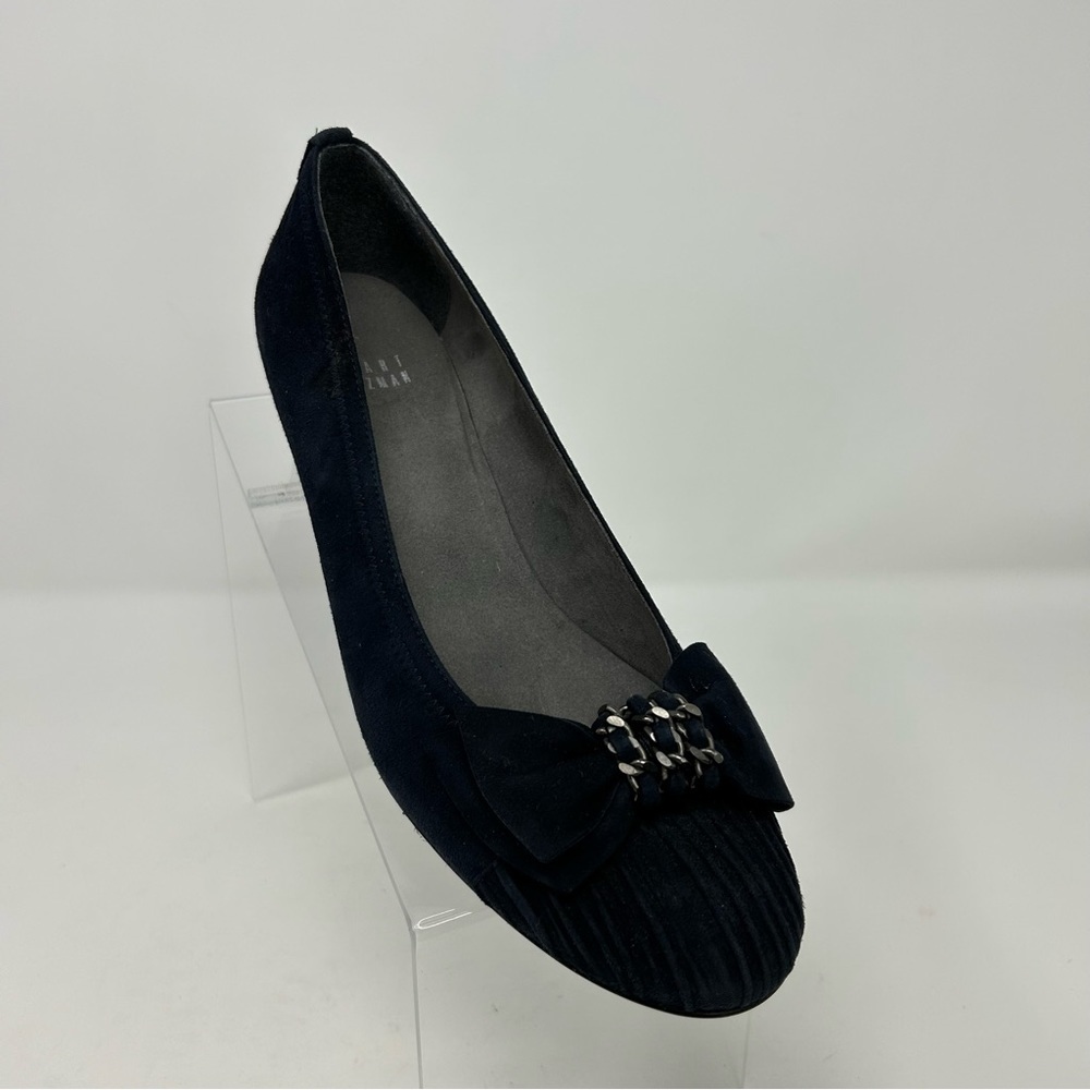 Stuart Weitzman Navy Blue Leather Wedges Size 8 ** with Ribbon Chain Toe Detail - Picture 3 of 14